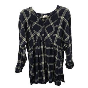 LED Luxe‎ Plaid Popover Tunic Top Womens M Maternity Blouse Navy Green